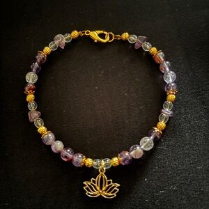 Elegant Gold and Purple Beaded Bracelet with Lotus Charm